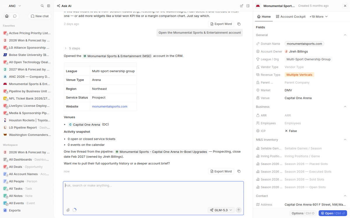 Monumental Sports account open beside the assistant conversation