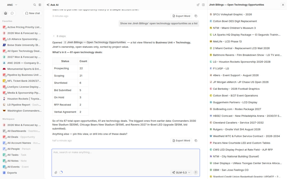 Open technology opportunities listed beside the chat, 61 deals